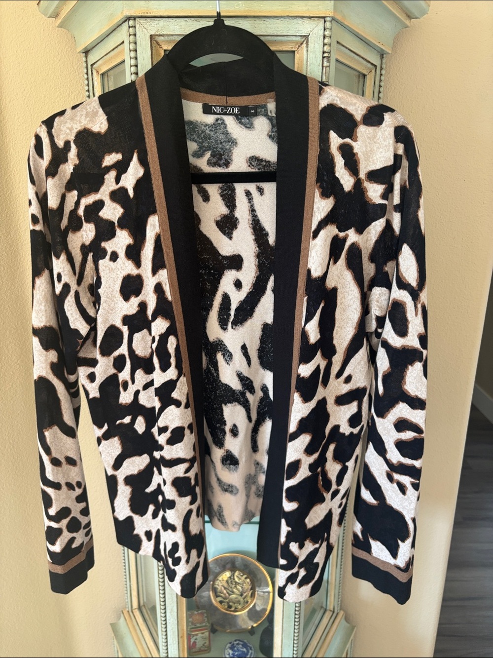 NIC+ZOE Black and Cream Animal-Print Open Cardigan with Brown Trim